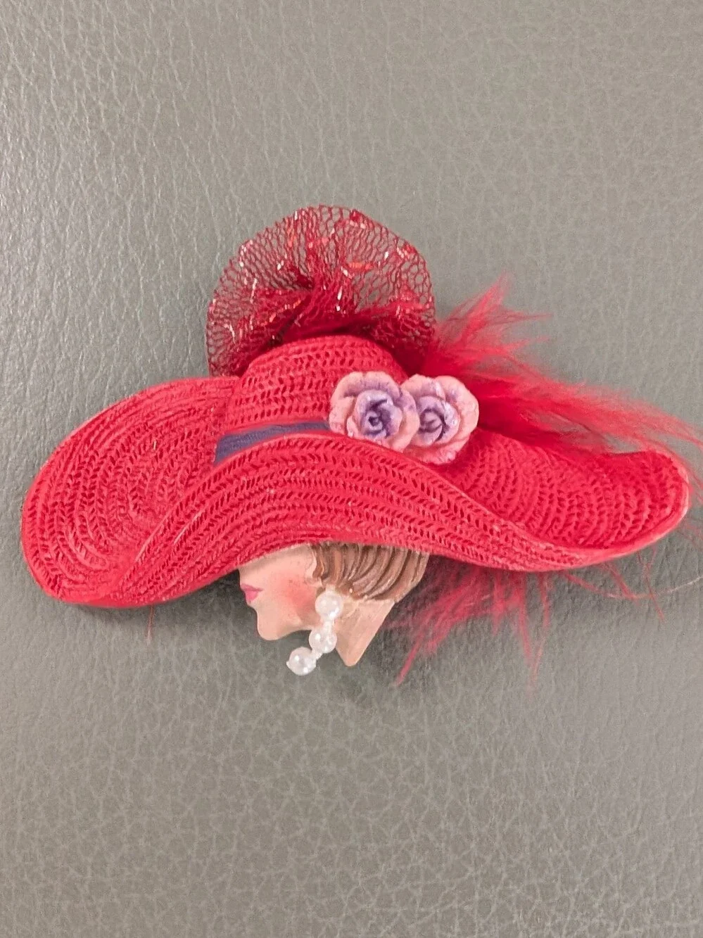 Red Decorative Ladies Hat Brooch with Purple Flower Accents
